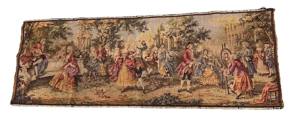 Antique French Wall Hanging Tapestry Garden Festival Man & Women 57”x20” Belgium
